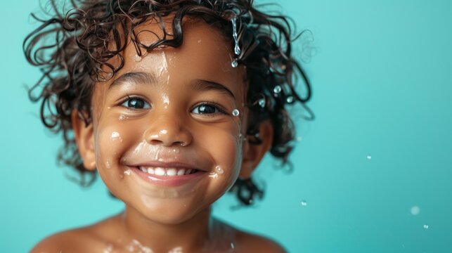 A joyful child with curly hair smiling with water droplets on their face against a blue background.