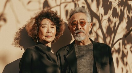 A man and woman posing together he wearing glasses and a suit she with curly hair and a black top both standing against a wall with tree shadows.
