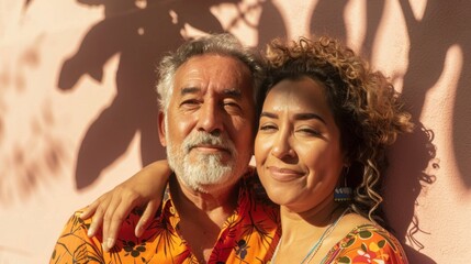 An elderly couple with curly hair wearing matching orange and red patterned shirts smiling and leaning against a pink wall with shadows of leaves on it.