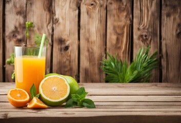 Fototapeta premium Fresh orange juice with slice of orange on wooden table
