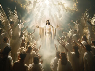 Jesus Christ returns in golden beautiful light, saving his followers and disciples and leading them to heaven, angels