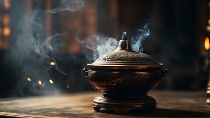 Beautiful incense burner with smoke coming out of it - obrazy, fototapety, plakaty