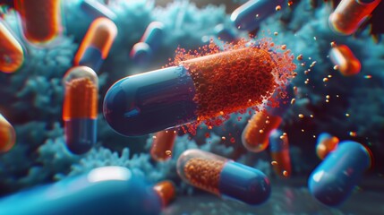 Falling antibiotic pill capsules in healthcare and medical concept   3d illustration background - obrazy, fototapety, plakaty
