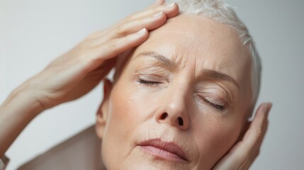 Naklejka premium A woman with closed eyes appearing serene with her hands gently cradling her face suggesting relaxation or meditation.