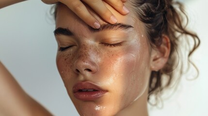 Naklejka premium Woman with closed eyes freckles and glossy skin gently massaging her face with her hands exuding a sense of relaxation and self-care.