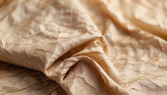 The image displays a highly detailed close-up of wrinkled brown paper, emphasizing its texture and patterns