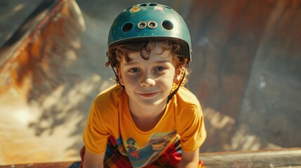 Young boy with curly hair wearing a blue helmet smiling sitting on a skateboard ramp. - Powered by Adobe