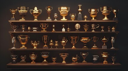 Fototapeta na wymiar a shelf adorned with gleaming golden trophies, each representing a significant achievement and dedication.