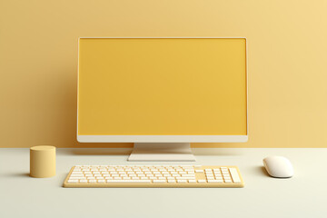 Abstrakter gelber Bildschirm auf gelb und goldenen Grund, Plastischer Minimalismus, Minimalistische Formen des Computer - obrazy, fototapety, plakaty