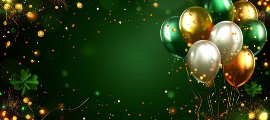 Stpatrick s day card design with irish balloons, clover, gold coins, confetti on green background.