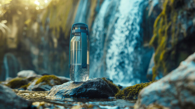 robuste Trinkflasche f&uuml;r Outdoor Aktivit&auml;ten an einem Wasserfall auf einem Stein stehend Generative AI