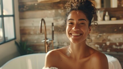 A woman with a radiant smile standing in a rustic bathroom with a wooden wall a white bathtub and a potted plant in the background. - 747183728