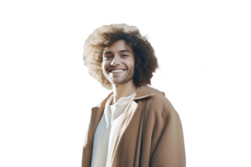 A positive curly-haired guy, isolated transparent background.