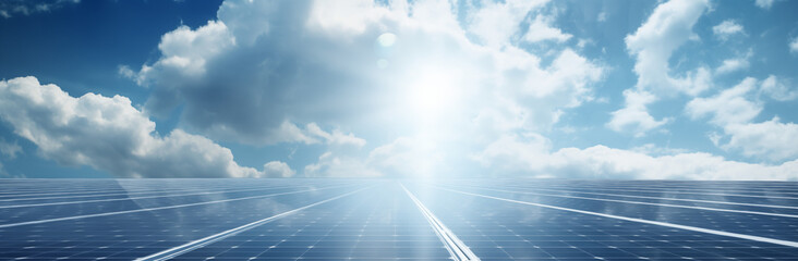 Solarenergie, Solarpanele reflektieren die Sonne, Sonne und weiße Wolken über der Solaranlage, Konzept Energiewende