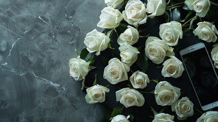 a big bouquet of white roses arranged elegantly on a wooden table next to a smartphone. Ensure there's plenty of empty space around for adding text or graphics.