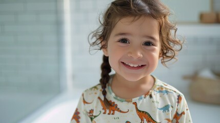A young girl with curly hair smiling at the camera wearing a dinosaur-themed shirt.