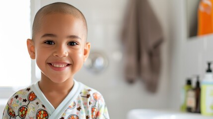 Young child with a big smile wearing a colorful pajamas standing in a bathroom with a towel hanging on the wall.