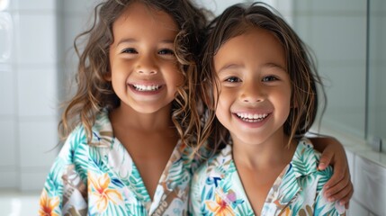 Two young children with wet hair wearing matching floral shirts smiling and posing together in a bathroom with a white tiled wall. - 747184128