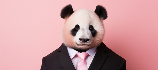Friendly anthropomorphic panda in business suit at corporate workplace studio for text placement