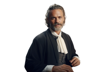 Portrait of an elderly judge in a suit. Transparent isolated background.