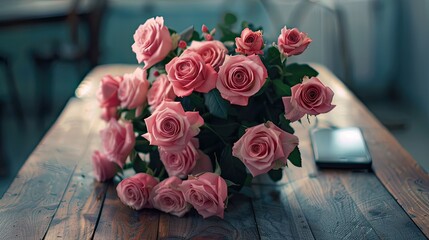 a big bouquet of pink roses arranged elegantly on a wooden table next to a smartphone. Ensure there's plenty of empty space around for adding text or graphics.