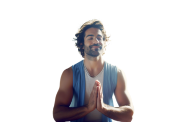 Man harmony balance meditation pose yoga trainer. Transparent isolated background.