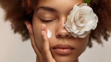 A serene portrait of a person with closed eyes applying a white substance to their face with a delicate white flower resting on their eyelid set against a soft-focus background. - obrazy, fototapety, plakaty