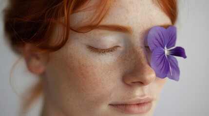 A serene portrait of a woman with closed eyes freckles and a single purple flower resting on her eyelid evoking a sense of tranquility and beauty. - obrazy, fototapety, plakaty