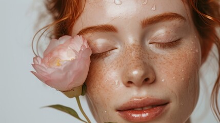 A close-up of a woman's face with closed eyes freckles and a single pink flower resting on her eyelid set against a soft blurred background.