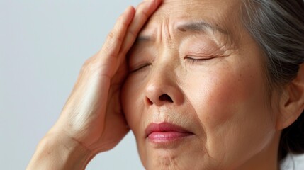 A woman with closed eyes pressing her hand against her forehead showing a sense of distress or deep thought. - 747185107