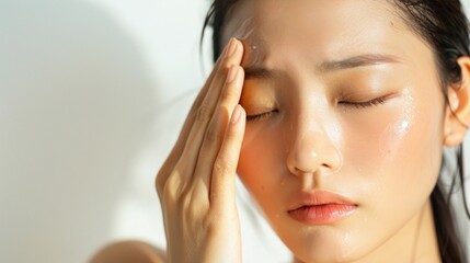 Naklejka premium A young woman with closed eyes gently massaging her face with her hands possibly after a skincare routine.