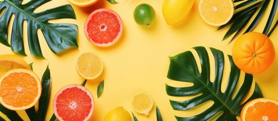Top view tropical fruits, orange, lemon, tangerine, lime with leaves yellow background. AI generated
