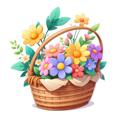 Beautiful assortment of flowers in a wicker basket. Drawing, illustration.