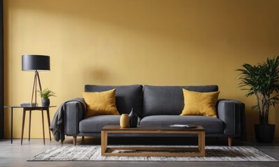 Designer grey sofa, chic furnishings, plants,yellow wall, and elegant accessories create a stylish modern living room.