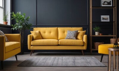 Explore a stylish living room adorned with a black wall, designer yellow sofa, trendy furniture,...