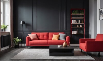 Modern living room presents a designer's touch, featuring a stylish red sofa, trendy furnishings, greenery, elegant decor,black wall.