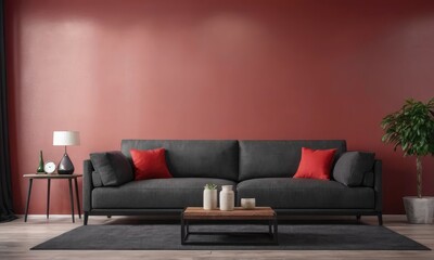 Designer grey sofa, chic furnishings, plants, red wall,and elegant accessories create a stylish modern living room.
