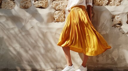 A woman standing against a textured wall wearing a vibrant yellow skirt and a white top with her hair styled in a loose updo.