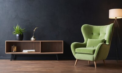 Designer green armchair, chic furnishings, plants, and elegant accessories create a stylish modern living room.Mock up.