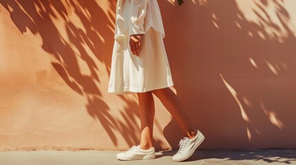 A woman in a white dress and white sneakers standing in front of a pink wall with shadows from a tree. - 747185551