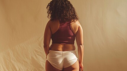 A woman with curly hair wearing a maroon tank top and white shorts standing against a textured beige background. - Powered by Adobe