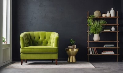 Explore a stylish living room adorned with a black wall, designer green armchair, trendy furniture, plants, and chic accessories.Mock up.