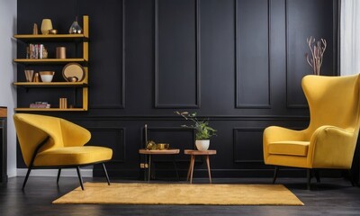 Explore a stylish living room adorned with a black wall, designer yellow armchairs, trendy furniture, plants, and chic accessories