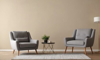 Designer grey armchairs, chic furnishings, plants, and elegant accessories create a stylish modern living room.