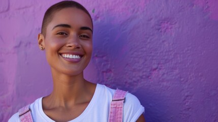 A young woman with a short haircut smiling at the camera wearing a white t-shirt with pink straps against a purple wall.