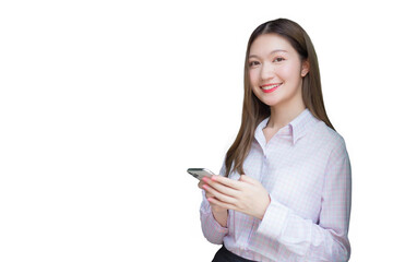 Naklejka premium Young asian professional working woman uses smartphone to chat in digitalization and work at the office while isolated white background.