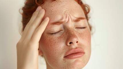 Fototapeta premium A young woman with freckles and red hair resting her hand on her forehead with closed eyes and a pensive expression.