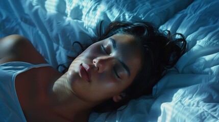 A woman with dark hair wearing a white tank top is peacefully sleeping on a bed with white sheets under a soft blue light.