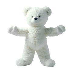  An adorable white teddy bear standing upright on its hind legs, with its arms, Transparent background