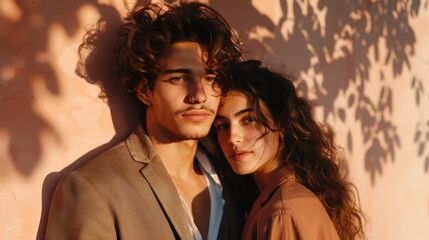 A couple posing closely together against a warm textured wall with shadows from leaves creating a serene and intimate atmosphere.